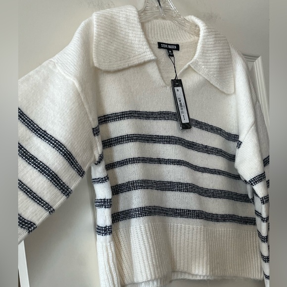 Steve Madden Navy and White Designer Collar Striped Sweater Women’s Medium - Picture 7 of 15